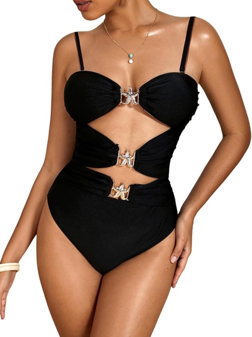 NWT- Black One-Piece Swimsuit with Gold Hardware